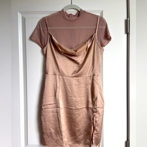 Princess Polly Champagne Slip Dress with Mesh Rhinestoned Attachment